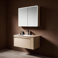 Meuble-lavabo mural flottant minimaliste sans poignées avec miroir LED et système de fermeture douce