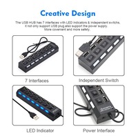 Mini Hub USB 2.0 con 7 Puertos USB, Interruptor de Encendido/Apagado, Compatible con Alimentación, Alta Velocidad, Accesorios para PC