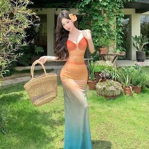 Mesh Spaghetti Strap Dress Tie Dye Long Openwork Beach Vacation Casual Dress Natural Waistline - Product Image 2