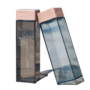 Wholesale Unique Promotion Gift Custom Logo Plastic Square Reusable Water Bottle with Wooden Bamboo Lid