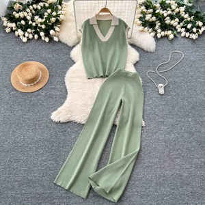 Conjunto de Dos Piezas para Verano, Top de Punto sin Mangas, Cuello Camisero Retro con Bloques de Color y Pantalones Anchos de Cintura Alta - Product Image 1