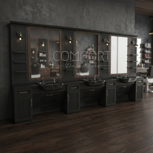 Estación de Barbería Comercial de Diseño Moderno y Lujoso en Dorado y Negro con Material de Madera y Espejo para Salón de Belleza - Product Image 3