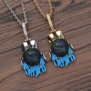 Pendentif Terre, bijoux hip-hop, accessoires, chaîne avec pendentif en zircon incrusté de cuivre. - Product Image 1