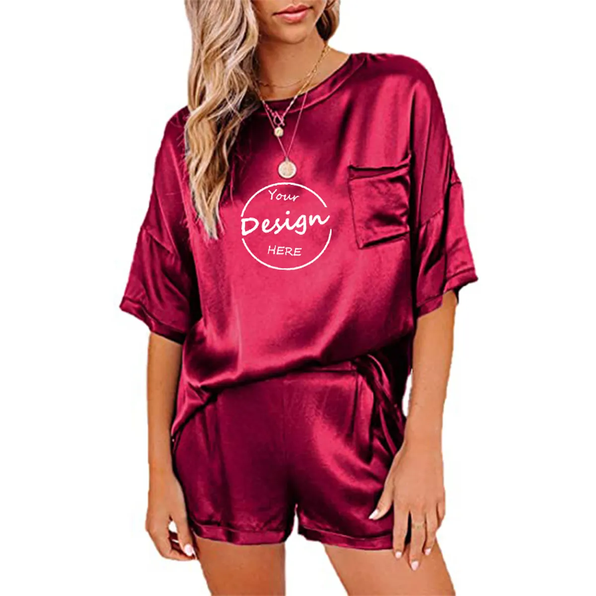 Conjunto de pijama de seda luxuoso para mulheres, roupa de dormir personalizada de verão, conjunto de pijama de duas peças de cetim para mulheres, roupa noturna