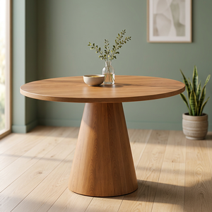 Modern Teak <b>Wood</b> <b>Round</b> <b>Dining</b> <b>Table</b> with Conical Pedestal Base Column - Product Image 2