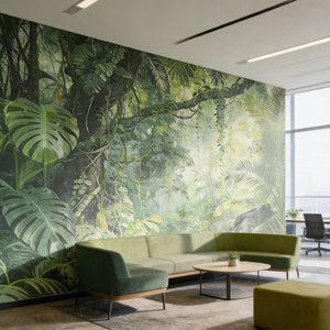 Mural de Pared Personalizable con Diseño Art Deco de Bosque Tropical Primitivo, Planta Gigante de Monstera y Palmera, Paisaje de Selva - Product Image 1