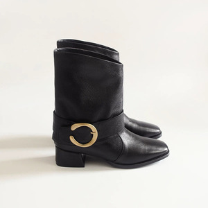 2025 nuovo francese semplice punta quadrata <span class=keywords><strong>tacco</strong></span> spesso in pelle bovina con fibbia in metallo <span class=keywords><strong>stivali</strong></span> medi pantaloni a tubo <span class=keywords><strong>stivali</strong></span> donna - Product Image 6