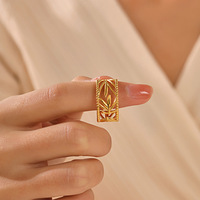 Cincin Daun Stainless Steel yang Dapat Disesuaikan, Bergaya Minimalis, Berlapis Emas 18K, Cocok untuk Influencer Online