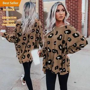 Lovedagear Boho Women Custom Fall Long Sleeve Oversized Top Brown Leopard Print Tunic Blouse