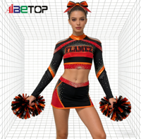 Tenues de cheerleading de luxe orange et noires, uniforme de cheerleading à col montant avec bordure métallique et broderie flamme au dos pour les spectacles sur scène