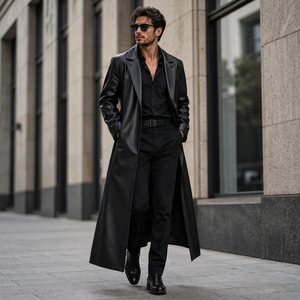 <b>Men</b> Genuine Leather Long <b>Trench</b> <b>Coat</b> Notched Lapel Open Front With Pockets Regular Fit - Product Image 1