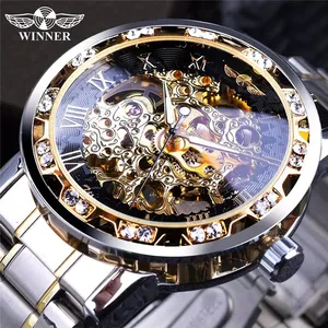 Winnaar Gouden Horloges Classic Rhinestone Klok Romeinse Analoge Mannelijke Skelet Klokken Mechanische Roestvrij Stalen Band Lichtgevende Horloge