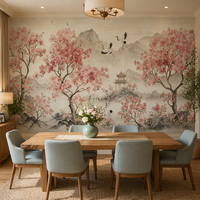 Papier peint auto-adhésif imperméable à l'eau, style chinoiserie, fleurs de cerisier, grue, paysage asiatique, à coller et à décoller, pour la décoration murale de la maison