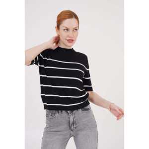 Blusa de Punto a Rayas de Manga Corta para Mujer al por Mayor, Color Negro - Product Image 1