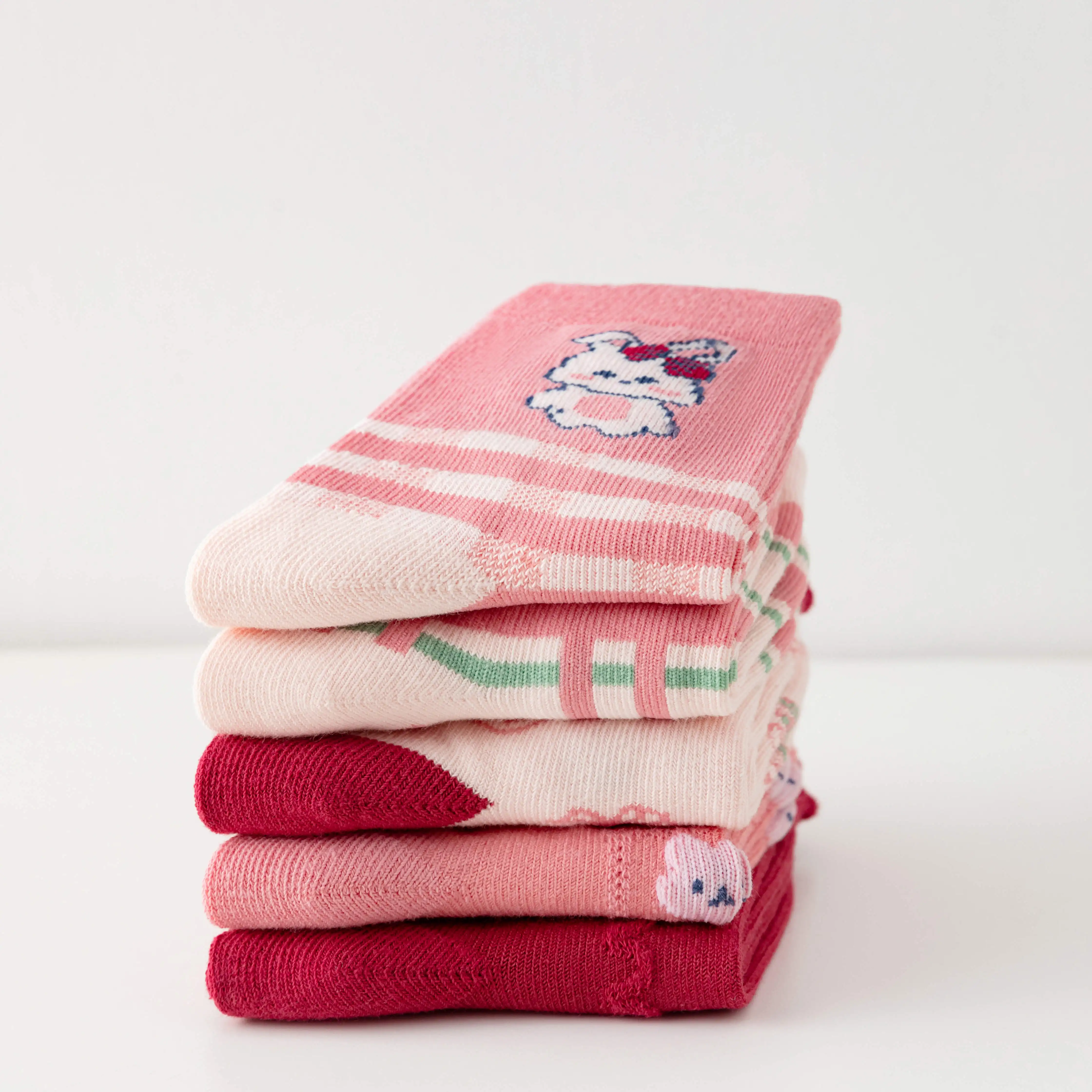 5 pares Rosa rojo conejo Animal arco jacquard raya costura calcetines para niños conjunto Niña estudiante algodón tripulación calcetines para niños