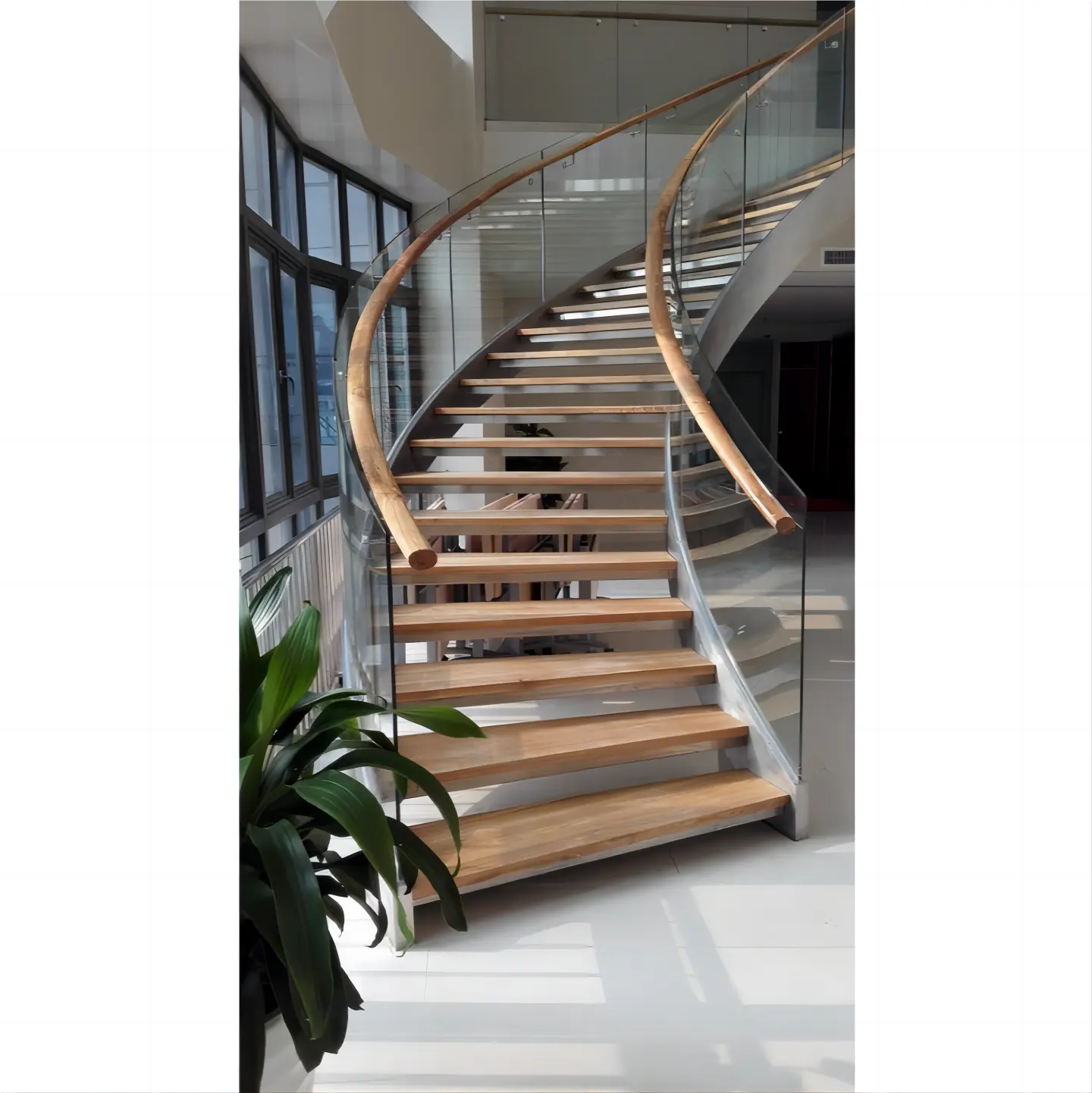 Lüks merdiven Overhanging kenar parke kavisli merdiven tasarım yüzer ahşap Metal çelik merdiven ile kırmızı meşe katı