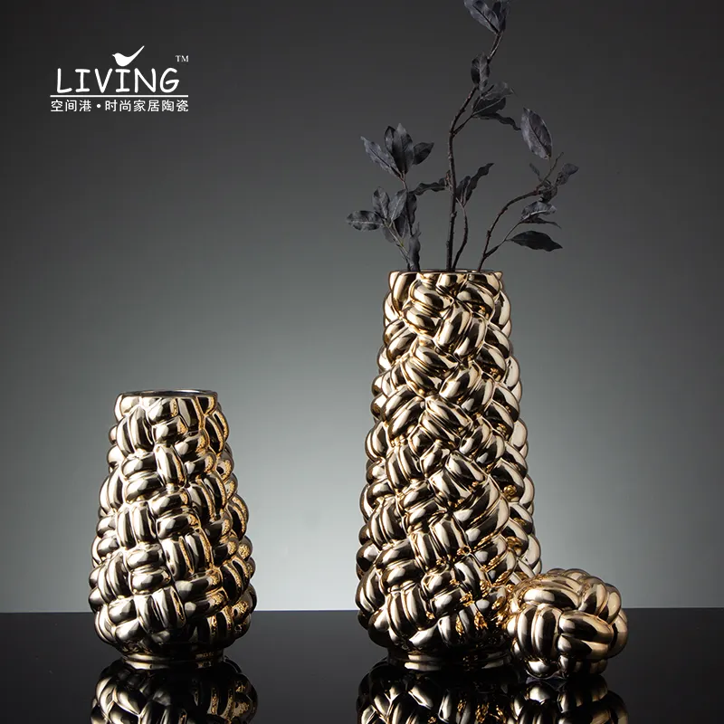 Moderne luxus handgemachte ornamente hause dekoration plating goldene keramik vasen für wohnkultur