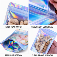 Sacs en Mylar holographiques personnalisés avec logo, pochettes verticales, sacs refermables à fermeture éclair effet laser arc-en-ciel pour emballage de bonbons, snacks, aliments et gloss à lèvres