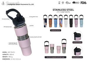 แก้วน้ำสแตนเลสเก็บความร้อนความเย็น ดีไซน์ทันสมัย ขนาด 1000 มล. ปากกว้าง พร้อมฐานรอง สำหรับเดินทาง - Product Image 2