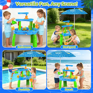 Table à eau et à <span class=keywords><strong>sable</strong></span> 3 niveaux pour enfants avec parasol – Jouet d'extérieur estival avec piscine d'apprentissage stable – Ensemble <span class=keywords><strong>de</strong></span> jeu pour plage et jardin - Product Image 5