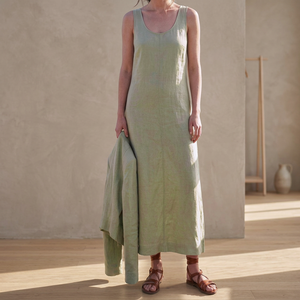 Precio de fábrica Vestido midi sin mangas 100% algodón con cuello en V, talla grande, vintage, cintura alta, manga acampanada, lazo, teñido liso, para primavera y verano - Product Image 2