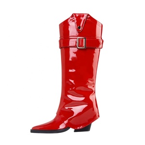 Cow Boy Western Styles Women Red Patent <b>Knee</b> <b>High</b> Boots 7.5cm Chunky Heels Overlay Booties Buckles Pants Shoes - Product Image 4