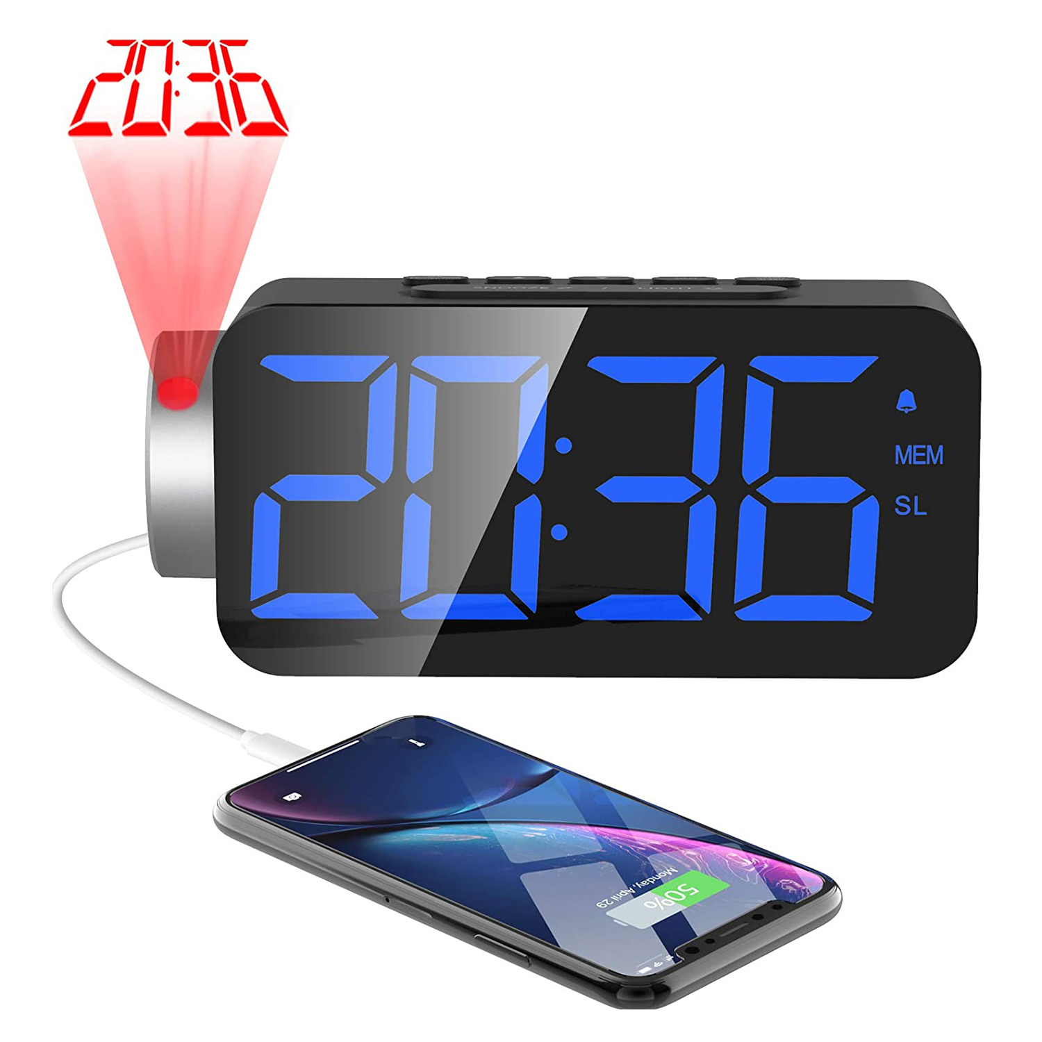Большой цифровой светодиодный проектор с изогнутым экраном 6,5 дюйма и будильником, настольные часы с проекцией FM-радио, настольные часы с зарядным устройством USB