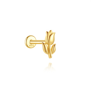 Gold Plated S925 Sterling <b>Silver</b> Single Stud <b>Earring</b> Flower Design with CZ Stone <b>Cartilage</b> Piercing Jewelry for Women - Product Image 5