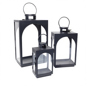 Juego de 3 Faroles de Metal Negro con Forma de Arco, Portavelas con Asa Superior, Estilo Europeo, para Decoración Navideña - Product Image 1