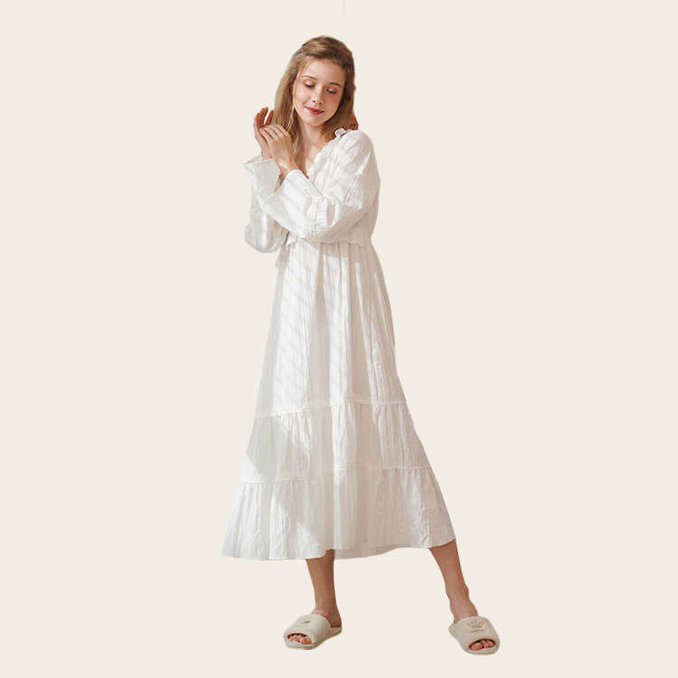 2021 Hot Sale Sommer Vintage Lounge wear Pyjamas Frauen Casual Nachtwäsche Baumwolle Jacquard Plissee Korean Night Dress