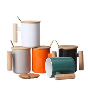 Best Sale Nordic Porcelain Mug With Bamboo Lid Ceramic Cup Spoon Wooden Handle Ceramic Coffee Mug