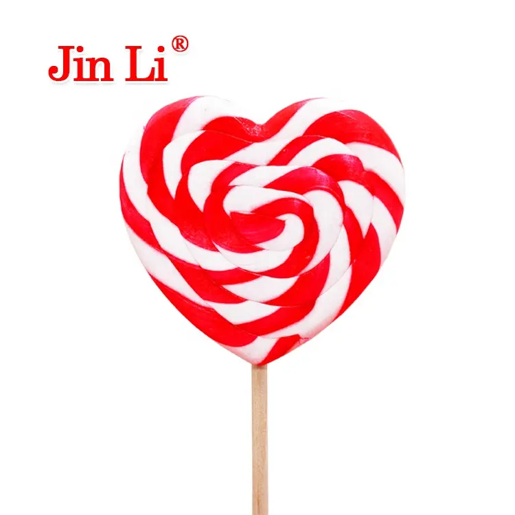 Customized Hot Selling Heart Shaped Sugar Rainbow Candy Swirl Lollipop