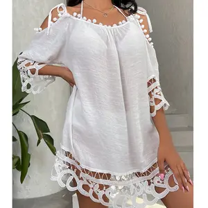 Xuanlang NEW STOCK Two Colors Cut Out Shoulder Short Sleeve Beach Tunic Crochet Hem Coverup Beachwear