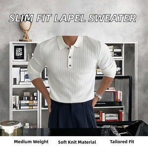 Pull personnalisé à revers uni, coupe ajustée, pour homme, style business décontracté, tricoté, hiver, manches longues, en laine grossière et polyester - Product Image 2