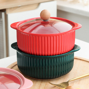 Plat de Cuisson en Céramique avec Couvercle et Doubles Poignées, Grand <span class=keywords><strong>Bol</strong></span> à Soupe Individuel ou Pot à Nouilles Familial - Product Image 5