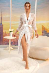 Kimono de Encaje Transparente - Bata Larga con Cuello en V y Bordado Floral, con Cinturón, Lencería Elegante para Dormir, Venta al por Mayor - Product Image 2