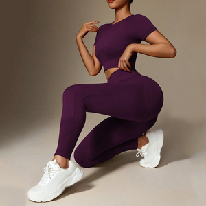 Conjunto de Top Corto y Leggings de Cintura Alta sin Costuras, Leggings Deportivos Transpirables y Elásticos de Cintura Alta con Top Corto - Product Image 3