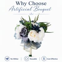 Buket Pengantin Buatan Warna Biru Tua Navy Putih Campuran dengan Daun Hijau Berry Pod, Bunga Mawar Sutra Palsu Gaya Eropa untuk Pernikahan