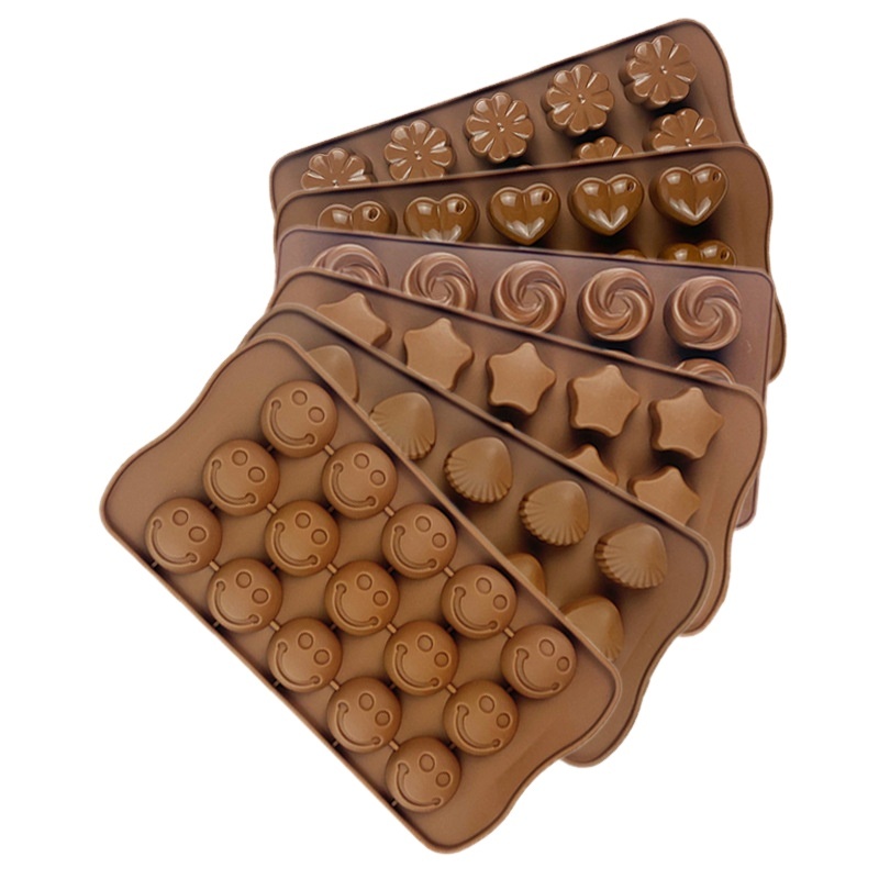 thumbnail image 1 of Moldes de silicona para chocolate y caramelos-bombas de grasa Keto – corazones, estrellas, flores, emojis, formas divertidas en bandejas marrones, 6 unidades, 1 of 4