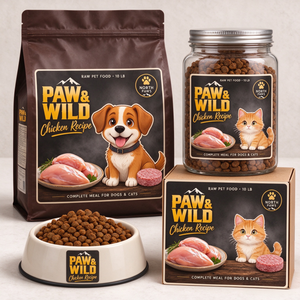 Etiquetas rectangulares de papel recubierto para alimentos para mascotas Paw & Wild, para bolsas, tarros y cajas de recetas de pollo crudo para perros y gatos - Product Image 1