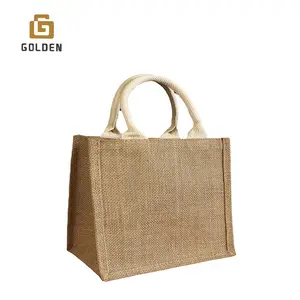 Golden Natural Wholesale Supermarket Custom Logo Tote Beach Reusable Jute Shopping Bags Cocoa Jute Bags