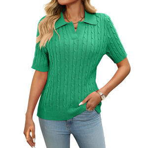 New Arrival Thin Korean V-neck <b>Short</b> <b>Sleeve</b> Cable Sweater Custom Casual Loose Solid Color <b>Knitted</b> <b>Top</b> - Product Image 6