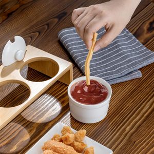Поднятый витринный поднос из массива акации, 3 керамические Формочки с крышками, набор для подачи приправы из дерева акации - Product Image 6