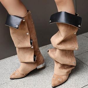 Bottes hautes en jean pour femme, grande taille 48, coupe large, avec rivets métalliques, tige plissée, talons carrés bas - Product Image 2