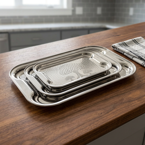 Ensemble de plateaux de service en acier inoxydable, finition métallique polie, durable, usage résidentiel, passe au lave-vaisselle, motif uni - Product Image 1