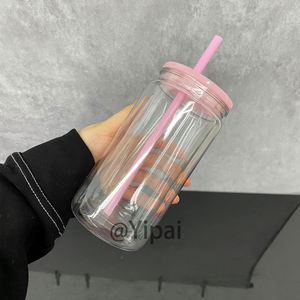 12Oz Colorful Double Wall Pre Drilled Snow Globe Acrylic Can <b>Cups</b> With <b>Plastic</b> Lids and Straws - Product Image 3