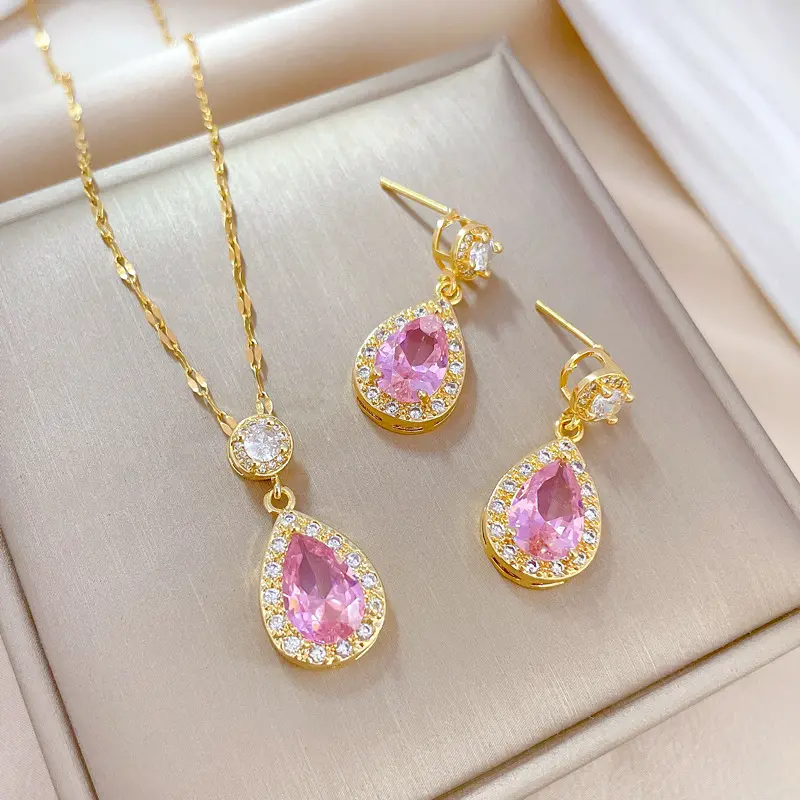 2024 Vintage Water Drop Moissanite Necklace Earrings Multi Color Crystal Jewelry Sets Wedding Jewelry Set For Women