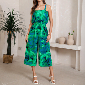 จั๊มสูทผู้หญิงลายกรีนสีเขียวสไตล์วันหยุด สายเดี่ยว กางเกงขากว้าง ขาสั้น สวมใส่สบายๆ ชายหาด ลำลอง เอวยางยืด - Product Image 4