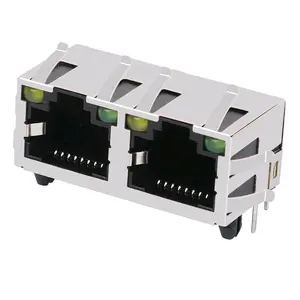 Magnetic Ethernet 8P8C Double Ports 90 Degree PCB Magnetic Interface Network 1X2 RJ45 Female Connector Modular Jack With LED