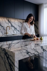 Lavabo Moderno in Marmo a Blocco con Vasca Intagliata <span class=keywords><strong>e</strong></span> Mobiletto, Top Lavabo in Marmo Cold River Snow, Impermeabile <span class=keywords><strong>e</strong></span> Facile da Installare - Product Image 3